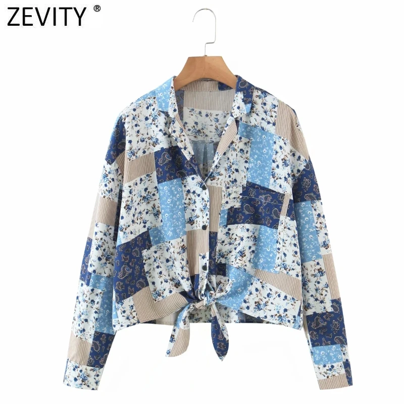 

Zevity Women Vintage Cloth Patchwork Print Hem Bowknot Casual Blouse Female Long Sleeve Breasted Roupas Chic Chemise Tops LS9085