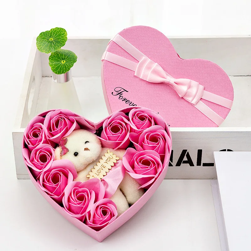 

10pcs/box Valentine's Day Gift for Girlfriend Heart-Shaped Soap Rose Flowers Bear Gift Box Wedding Party Flower for Wife Present