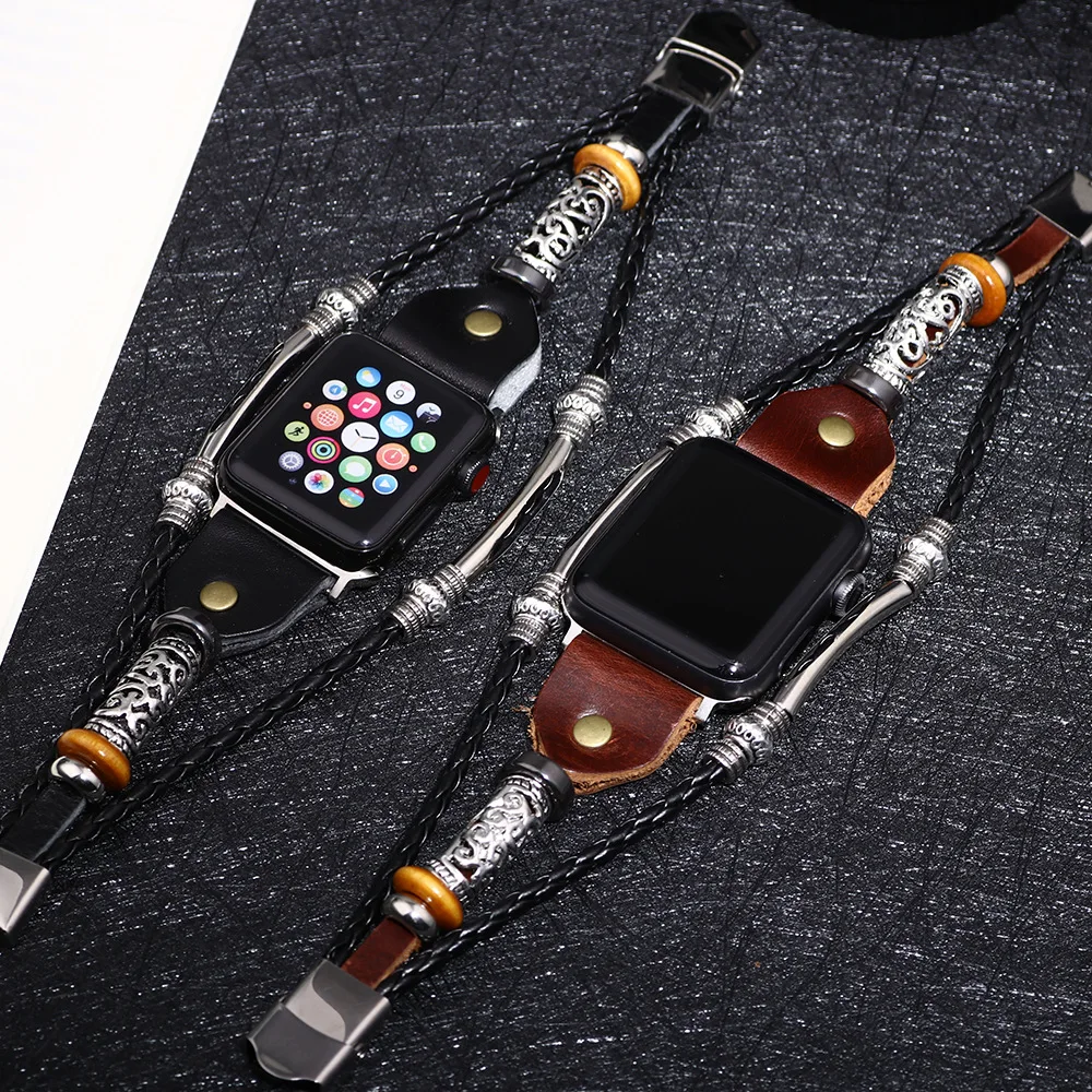 

Leather bracelet For Apple watch band 44mm 40mm iWatch 42mm 38mm Alloy bracelet strap for iWatch Series se 7 6 5 4 3 2 UTHAI A92