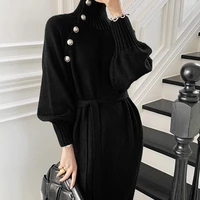 sweater dress korean chic style autumn winter 2021 lace up causal vestidos turtleneck belted knitted one piece dresses female