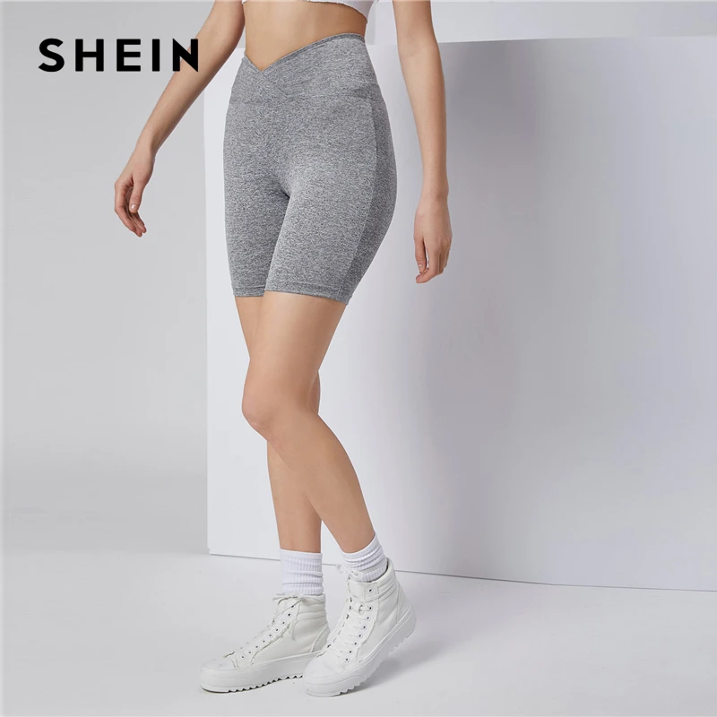 

SHEIN Grey Overlap Waist Biker Shorts Women 2021 Summer Casual Elastic Waist Stretchy Biker Shorts