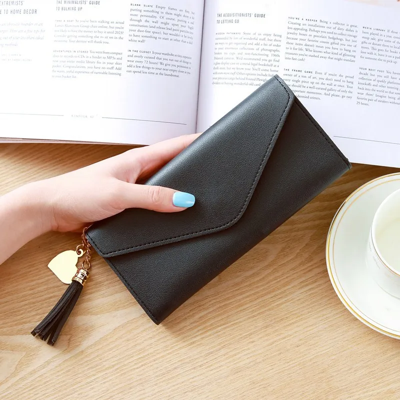 

DHL30pcs New Fashion PU Long Wallet Tassel Women Plain 3 Foldable Card Holder Wallets Clutch Hasp Purse 5colors