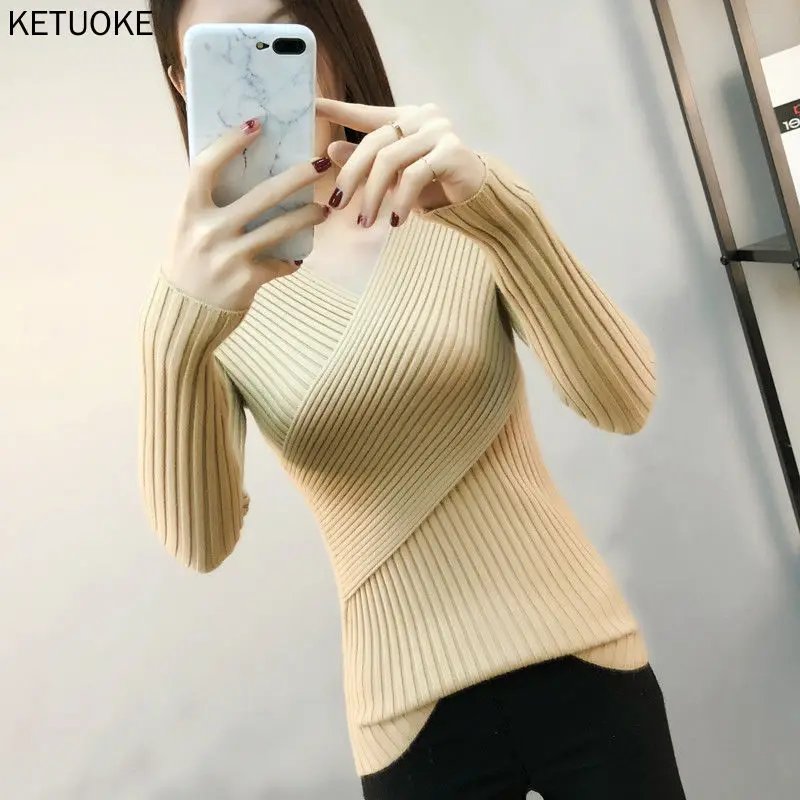 

Осенний женский полосатый вязаный пуловер, новый облегающий свитер, рубашка, модный сексуальный топ с длинным рукавом, Женский вязаный свит...