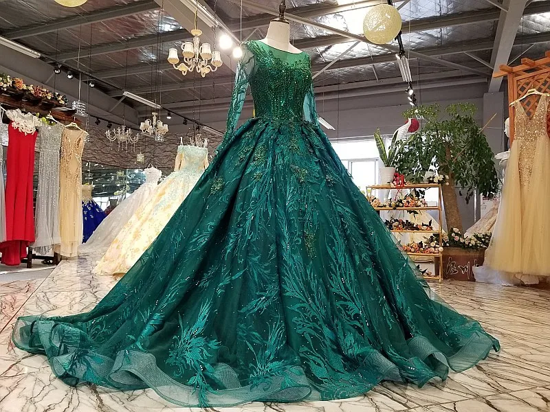 BGW 22026ht Royal Green Long Tulle Sleeve Party Dresses 2020 O-neck Lace Up Back Ball Gown Beauty Evening Dress Women Real Price