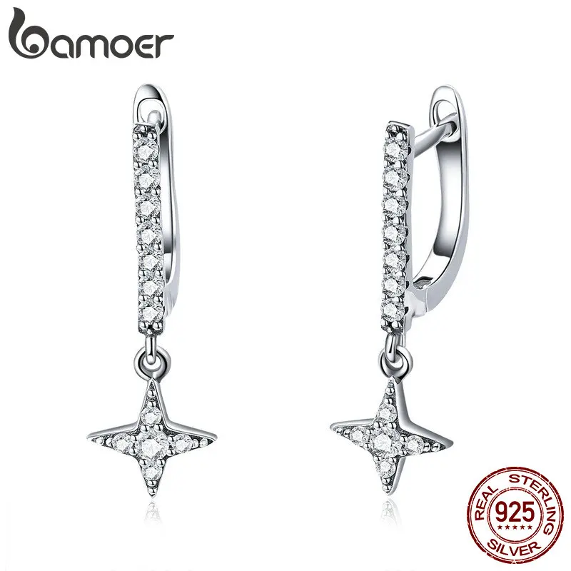 BAMOER, 925 пробы, серебряные, с мерцающей звездой, геометрические, висячие серьги для женщин, светящиеся, CZ, модные серьги, ювелирное изделие, SCE446