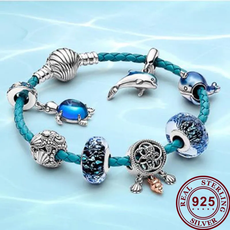 

100% S925 Sterling Silver Summer Ocean Series Blue Secret Fish Starfish Turtle Glass Shell Leather Fashion Pan Bracelet Female
