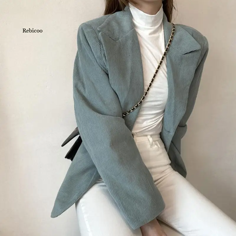 

New Fall Women's Blazers Corduroy Notched Long Blazer Woman Korean Chic Style Green Full Sleeve Clothes Female