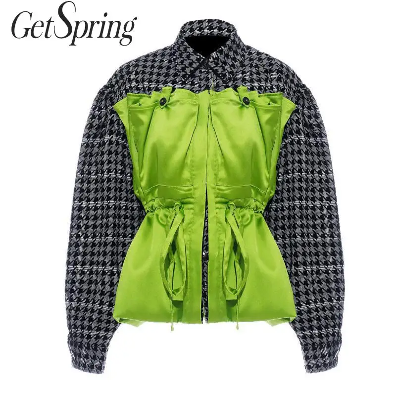 GetSpring Для женщин пальто в клетку стиле пэчворк куртка с длинным рукавом на
