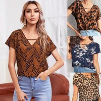 fashion women blouse spring and summer new leopard snake print leaf print v neck loose casual short sleeve tops for women