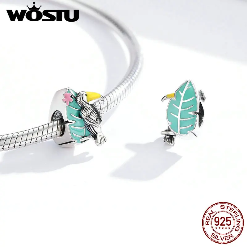 WOSTU 925 стерлингового серебра Шарм бисера Кристалл Яркий Тукан Висячие Подвески