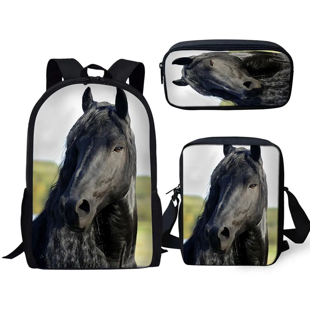 HALYUNASC 3PCs/Set Children's School Backpack Friesian Pattern School Bags Beautiful Horse Design Teenagers Book-Bags Set