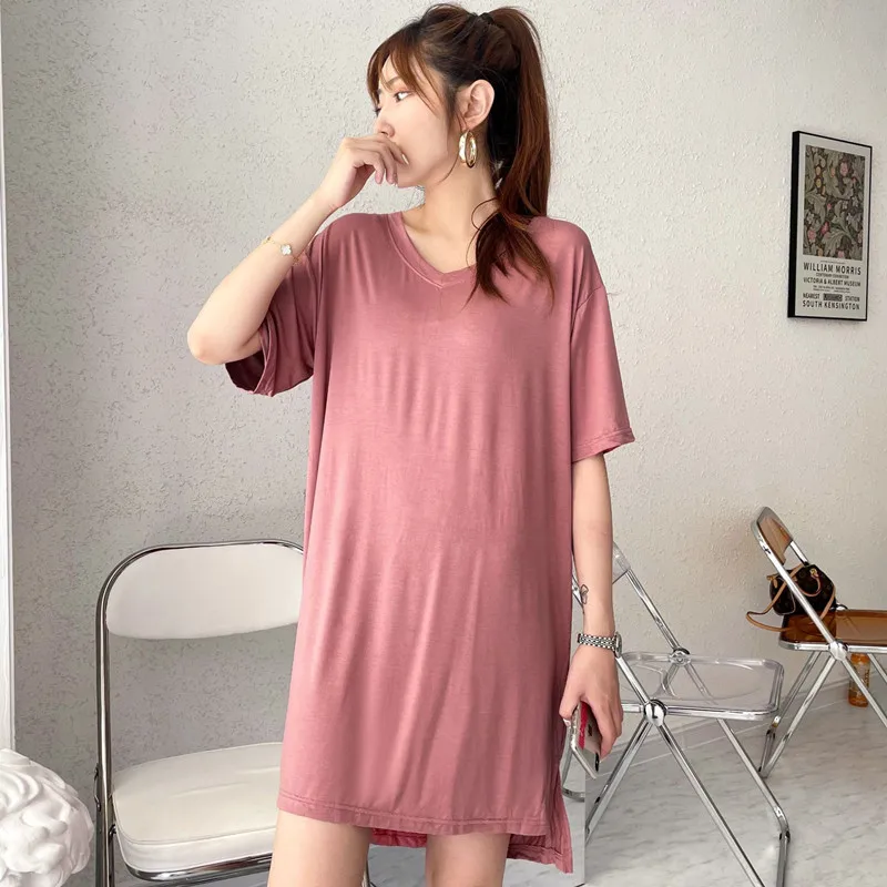 

Fat MM Loose Sleepwear Modal Cotton Night Dress Women New Short Sleeve Nightshirt Elegant V Neck Homewear Nightgowns Female
