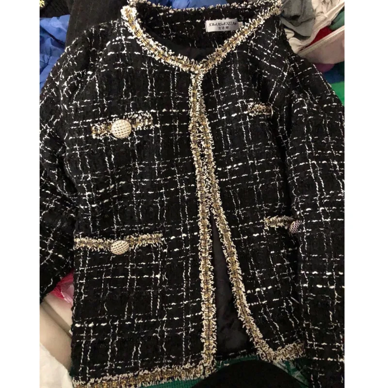 Пальто женское черное маленький твидовый жакет верхняя одежда свободного кроя