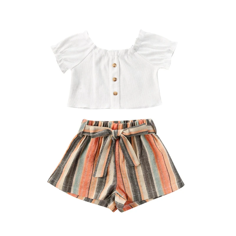 

Summer Baby Girl Button Crop Tops Shirt Stripe Print Short Pants Kid Girl Outfit Clothes Children Girl Sets