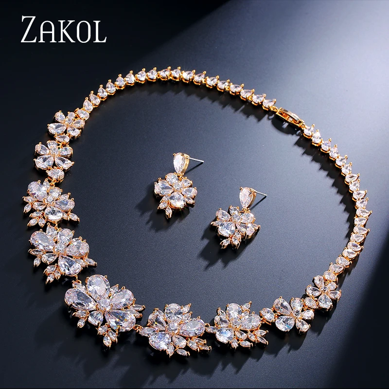 Gold Color ZAKOL белый цвет для женщин роскошные темно синий зеленый Маркиза Форма цветок циркон Свадебный комплект ювелирных изделий FSSP049 - Окраска металла: Gold Color