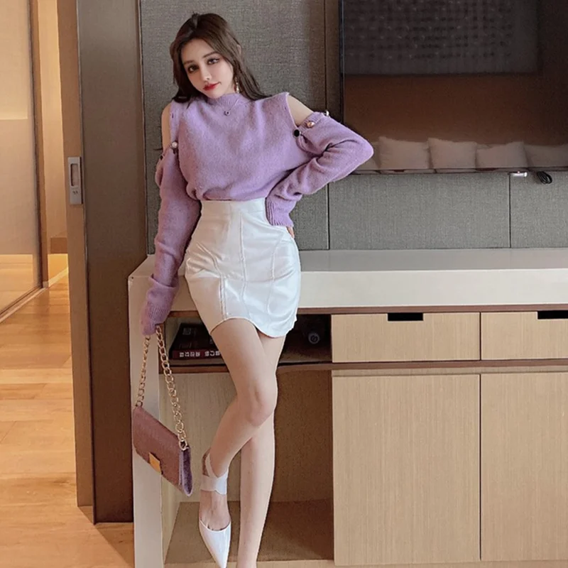 

New fashionable loose-fitting outside strapless French sweet and gentle wind pullover knitted sweater + hip half skirt suit