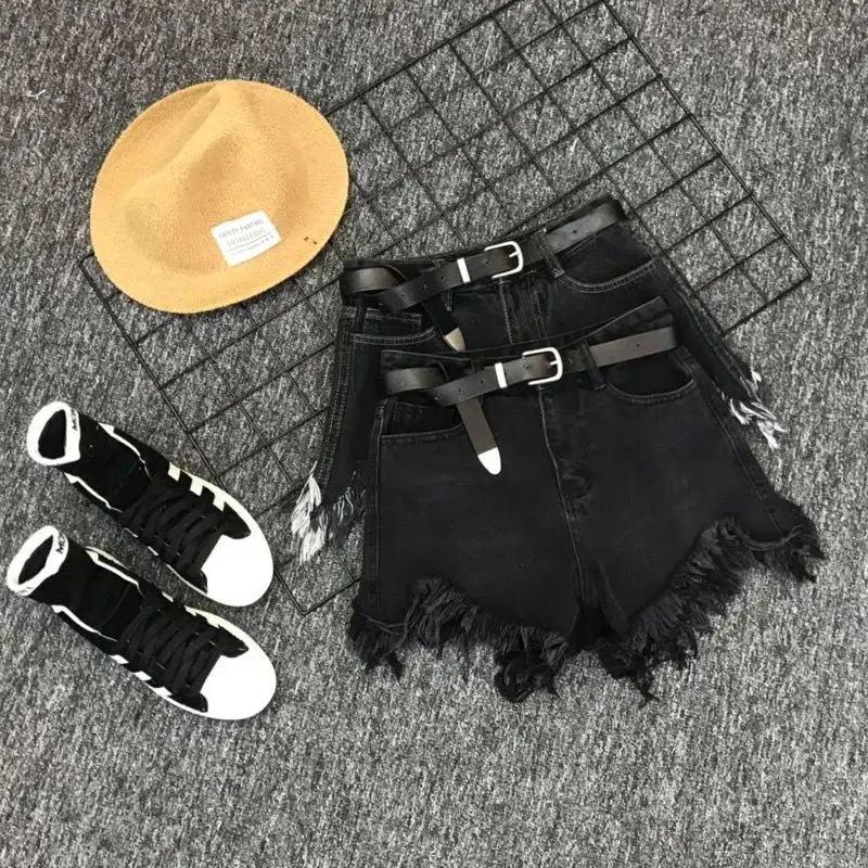 

Women Wide Leg Tassel Black Denim Shorts Casual Female Streetwear Loose Solid Color Short Jeans Casual Female Shorts Loose Y728