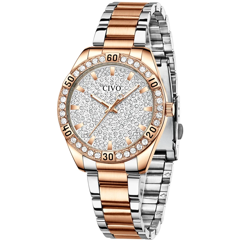 

Женские часы CIVO, модные женские кварцевые наручные часы со стразами, часы из розового золота и стали, водонепроницаемые часы, женские часы ...