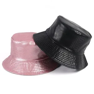 Women Reversible PU Crocodile Bucket Hat Girls 2020 New Cotton Twill Beige Black Pink Leather Snake Fisherman Hat Women Reversible PU Crocodile Bucket Hat Girls 2020 New Cotton Twill Beige Black Pink Leather Snake Fisherman Hat