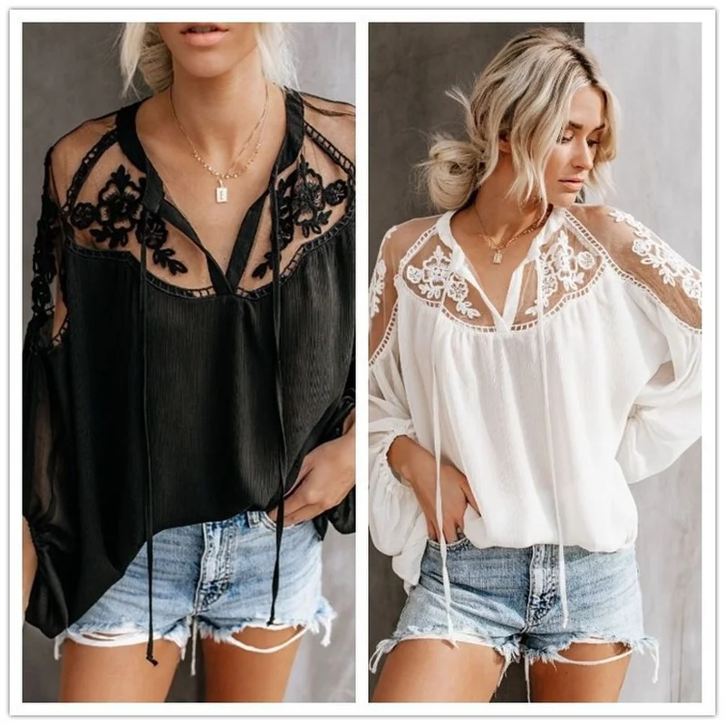

2021 Sexy White Lace Top Summer Hook Flower Hollow Perspective Elegant Blouses Casual Femme V Neck Solid Lantern Sleeve Shirt