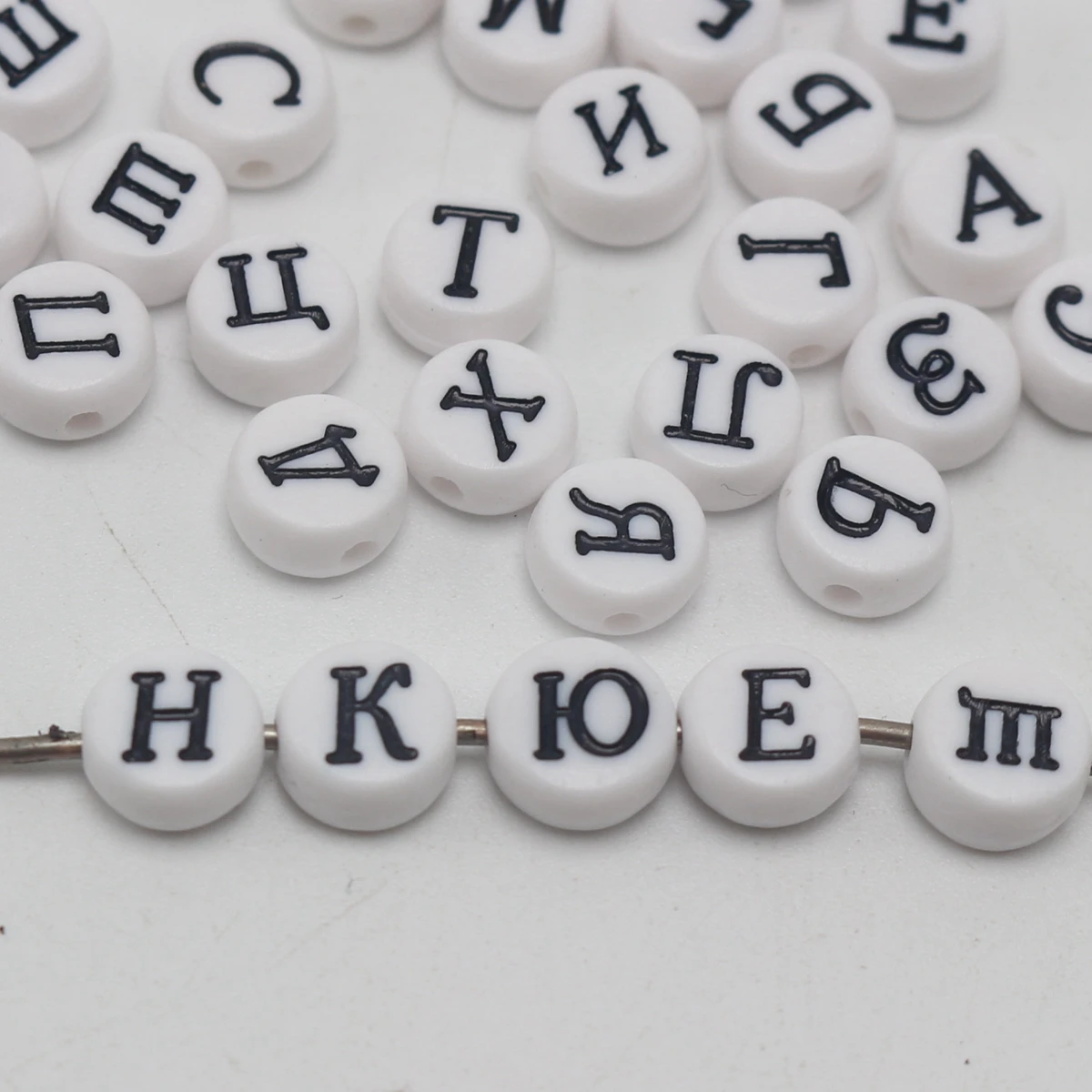 

250 White with Black Acrylic Assorted Russian Alphabet Letter Coin Beads 4X7mm