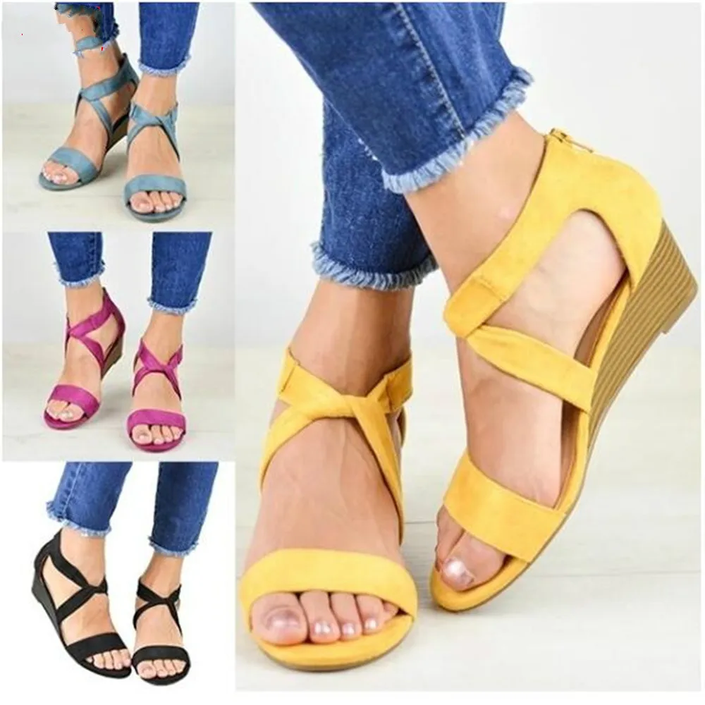 

2021 Women Wedge Sandals Mid Heel Summer Slip-on Buckle Ladies Shoes Artificial Open Toe Casual Wedding Pumps Women Sandalias