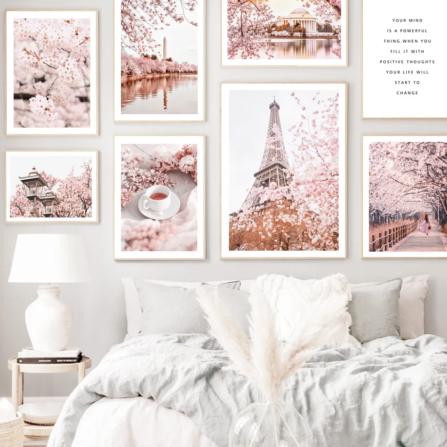 

Pink Sakura Palace Eiffel Tower Wall Art Canvas Painting Nordic Posters And Prints Wall Pictures For Living Room Spring Decor