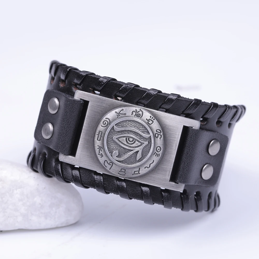 wide black-silver Skyrim Регулируемый древний Египетский кожаный браслет символ глаза Хоруса Wicca браслет-амулет Винтажные Ювелирные изделия-талисманы для мужчин - Окраска металла: wide black-silver