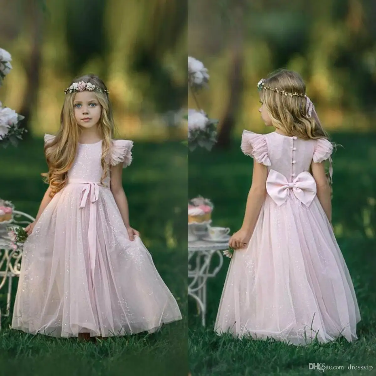 

2021 Cute Pink Flower Girl Dresses Lace Sequins A Line Lace First Communion Dress Jewel Neck Prom Gowns Party Wear