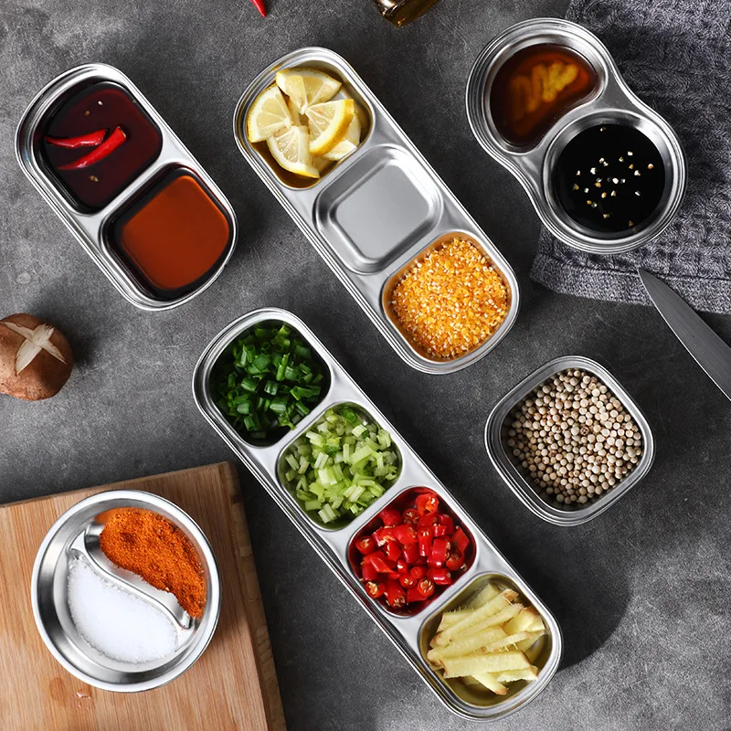 

Stainless Steel Sauce Dish Condiment Disc Compartment Plate Kitchen Goods Sushi Hot Pot bbq Taste Divided Dishes Tableware