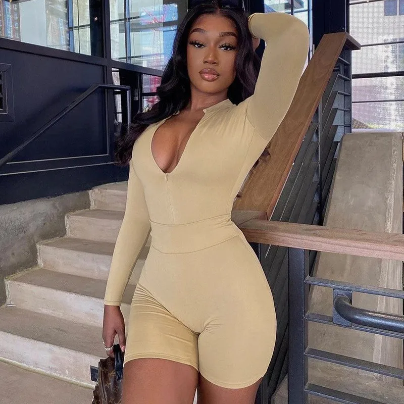 

Women Casual Sports Tracksuits Shorts Set Long Sleeve Zipper Deep V Neck Romper+Shorts Solid Skinny Clothes Summer Autumn Female