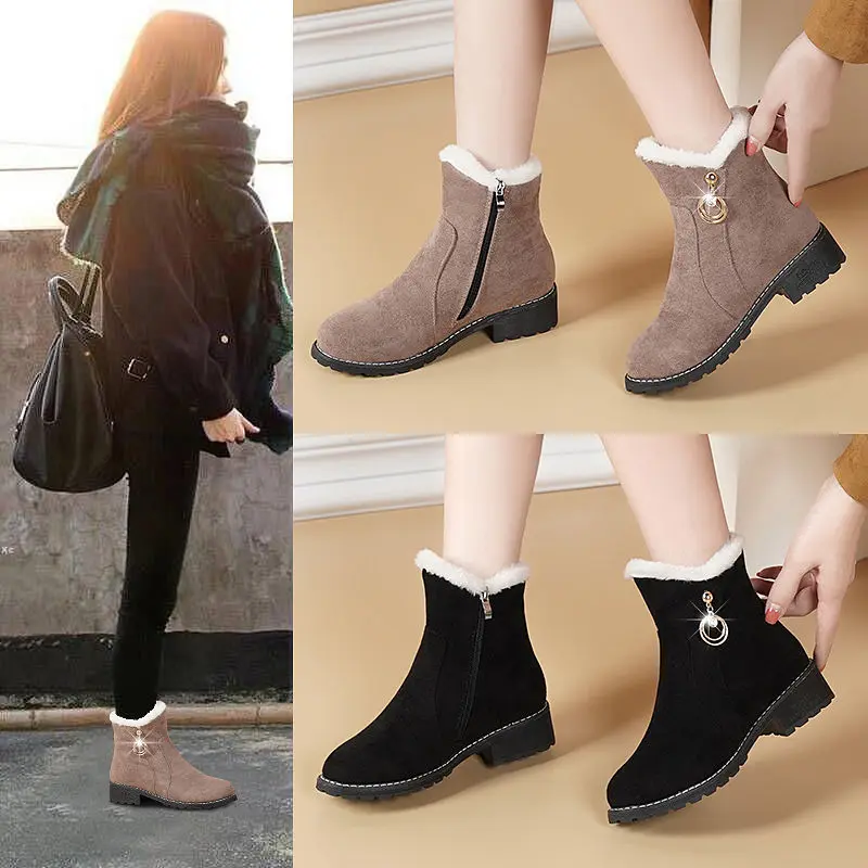 

New Women Boots Winter outdoor keep Warm Fur Boots Waterproof Women's Snow Boots Thick heel with round head short boot 2019