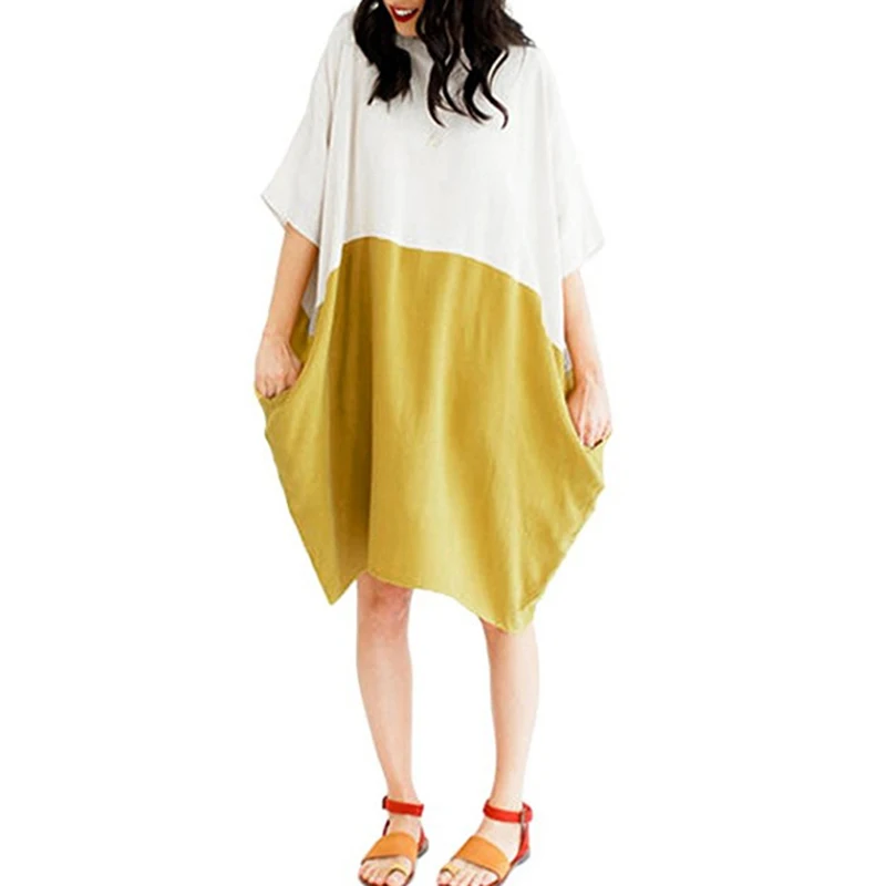 

NEW Women Casual Loose Dress Cotton Patchwork Short Sleeve Splice Pocket Dress Fashion Summer Dresses Robe Femme 2020