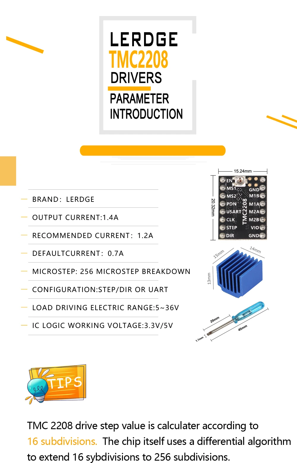 LERDGE TMC2208 шаговый двигатель драйвер 3d принтер части Stepstick супер тихий с новыми радиаторами ток 1.4A ультра-тихий V2.0