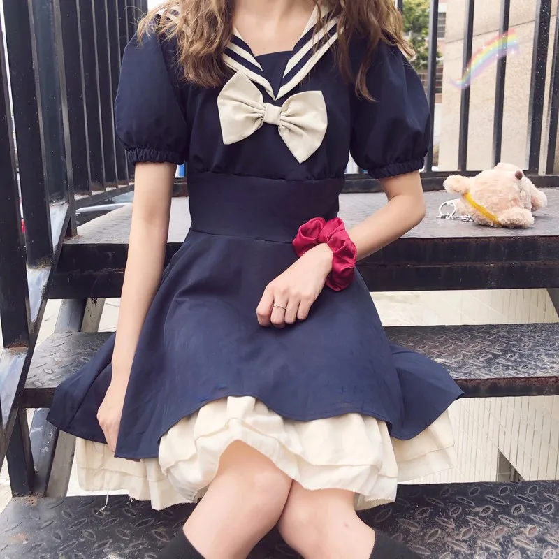

Japanese Summer Dress Kawaii Ruffles Preppy Style Short Sleeve Vintage Woman Dresses Sweet Girl Sailor Collar Cute Bow Dress