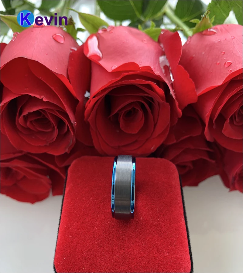 Мужские черные вольфрамовые кольца обручальные для женщин с синими ступенчатыми