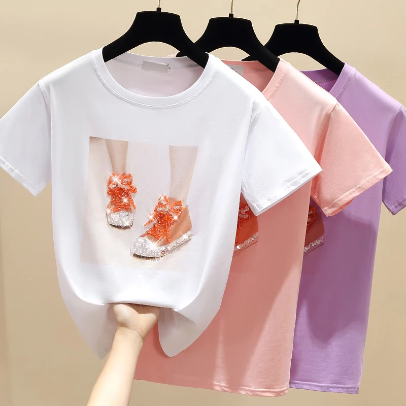 

gkfnmt Beading Shoes Print Pink T Shirt Summer Short Sleeve Women Top White Tshirt Cotton Korean Style T-shirt Clothes