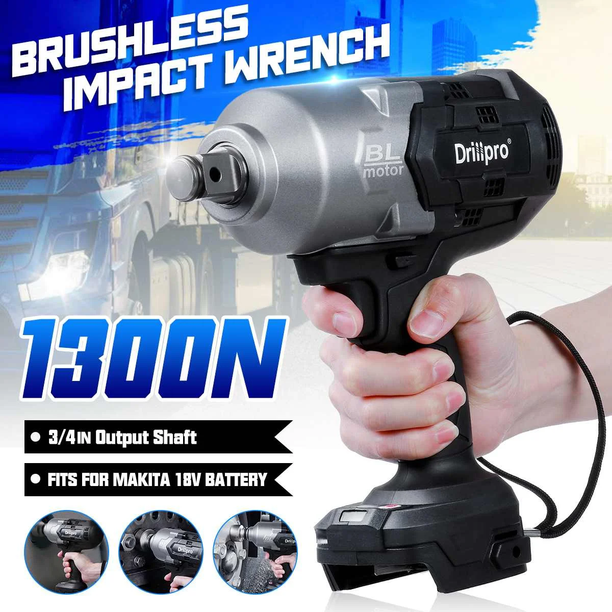 

1300N.m High Torque Brushless Electric Impact Wrench 3/4-inch Socket Wrench for Makita 18V BL1850 BL1840 Battery (NO Battery)