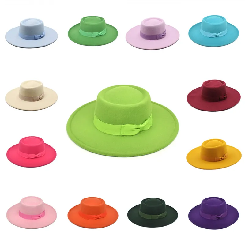 

Green Dome Bow Fedora hat 9cm brim jazz top hat Spring winter ladies concave top hat felt hat Panama hat