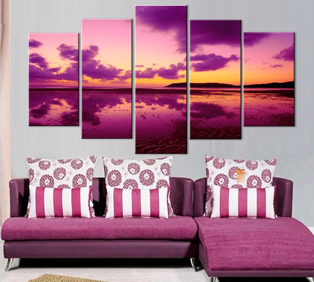 

Abstract Canvas Painting Wall Art HD Poster Modular Pictures Frame 5 Pieces Evening Scenery Purple Sky Home Decor Photo PENGDA