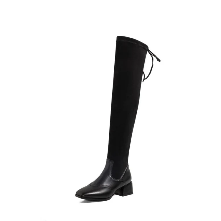 

Women's Square Toe Thick Heels Fashion Elastic Band Boots Splicing Suede Platform Lace-up Booties Comfortable Autumn Winter