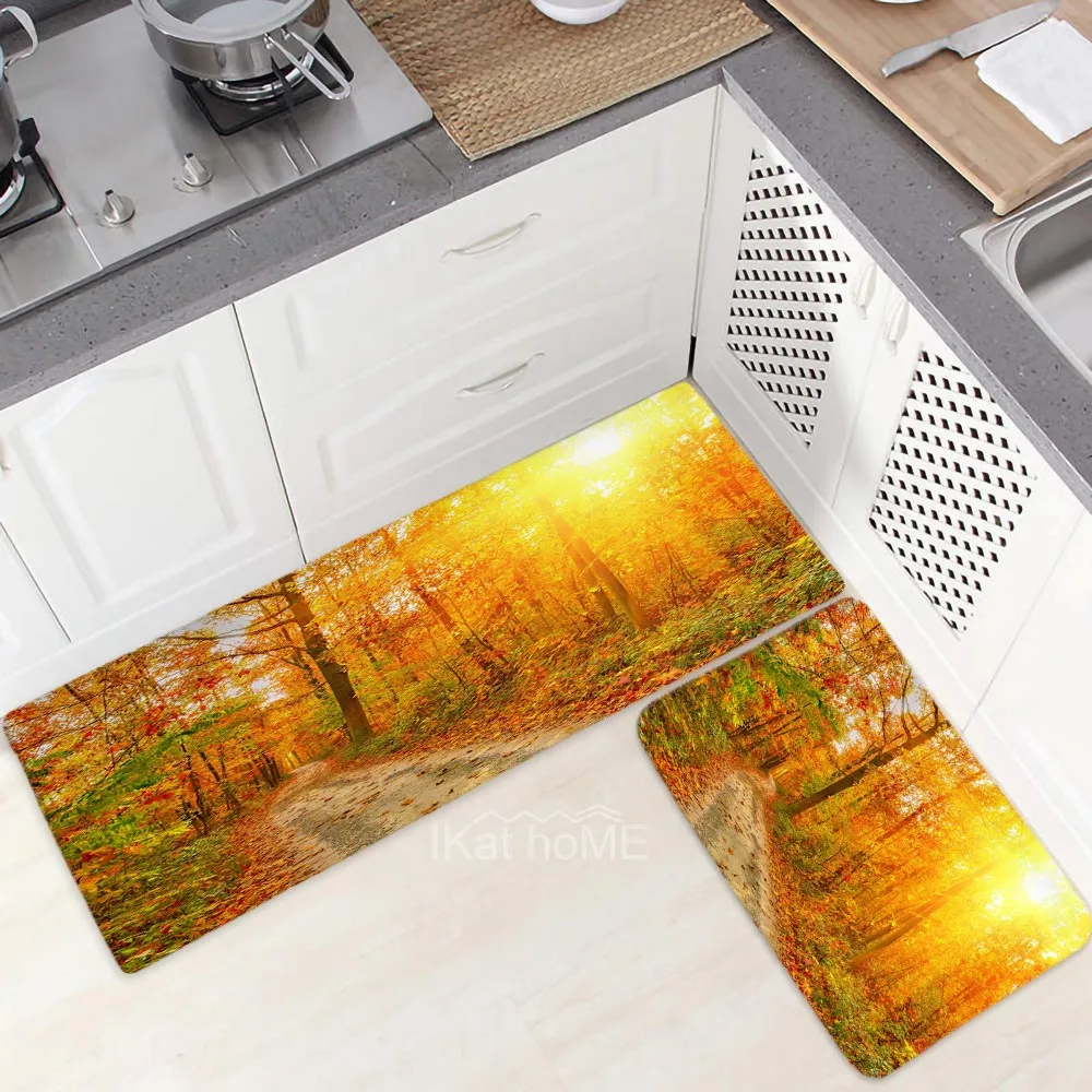 

Bath Long Rug Kitchen Mat Entrance Doormat Living Room Bedroom Bedside Carpet Sunny Forest Autumn Scenery Hallway Balcony Decor