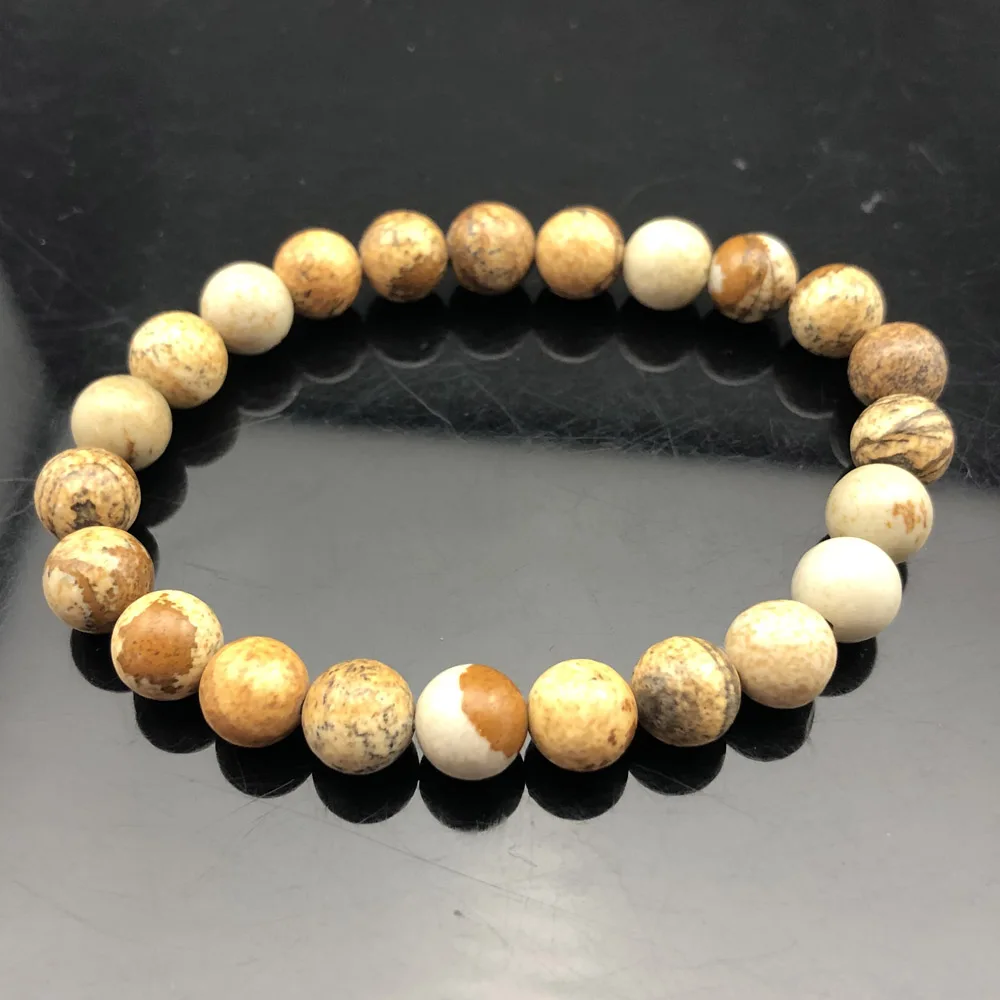 Picture Jasper Натуральная чакра из бисера рок браслет для мужчин 8 мм натуральный камень Лава тигровый глаз матовый черный оникс бусины из лечебных камней очарование Йога женские ювелирные изделия - Окраска металла: Picture Jasper