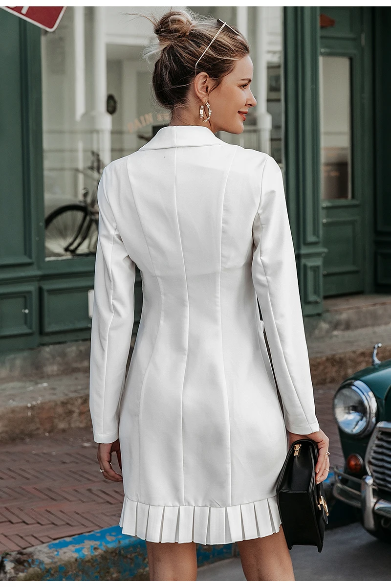 Simplee Sexy v-neck women blazer dress Elegant signal breasted frill white office dress Party style ladies pockets mini dresses