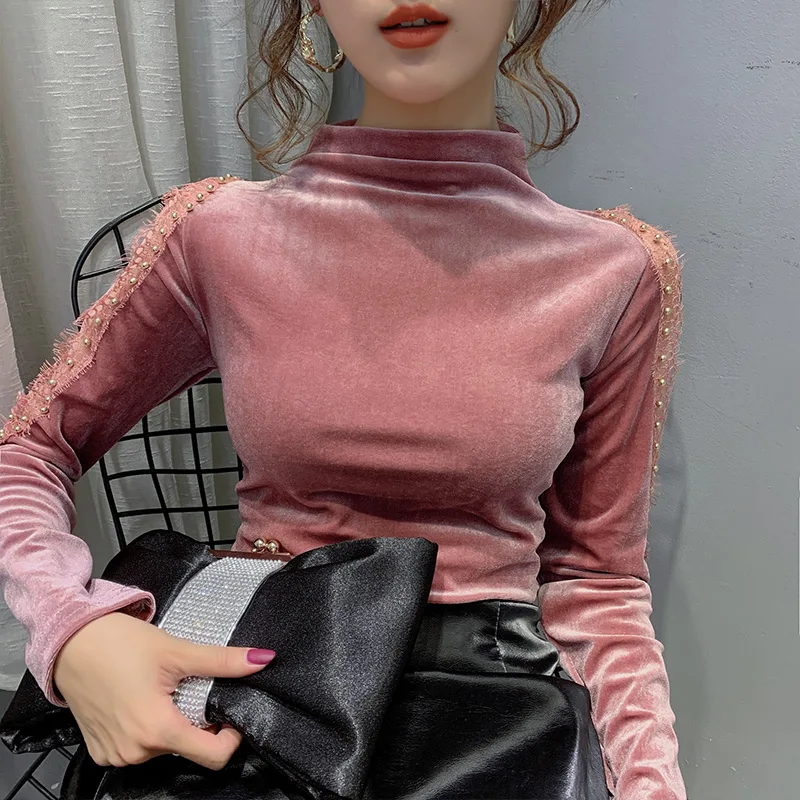 

Осенне-зимняя плюшевая футболка в европейском стиле, сексуальные блестящие женские топы в стиле пэчворк с бусинами, универсальные Футболки...