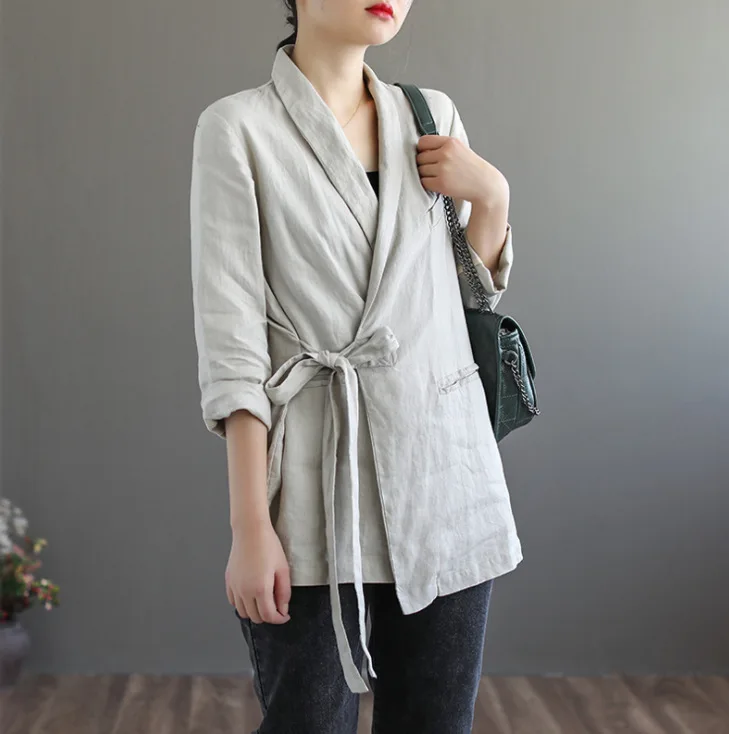 Женская универсальная куртка на завязках свободная повседневная с V-образным