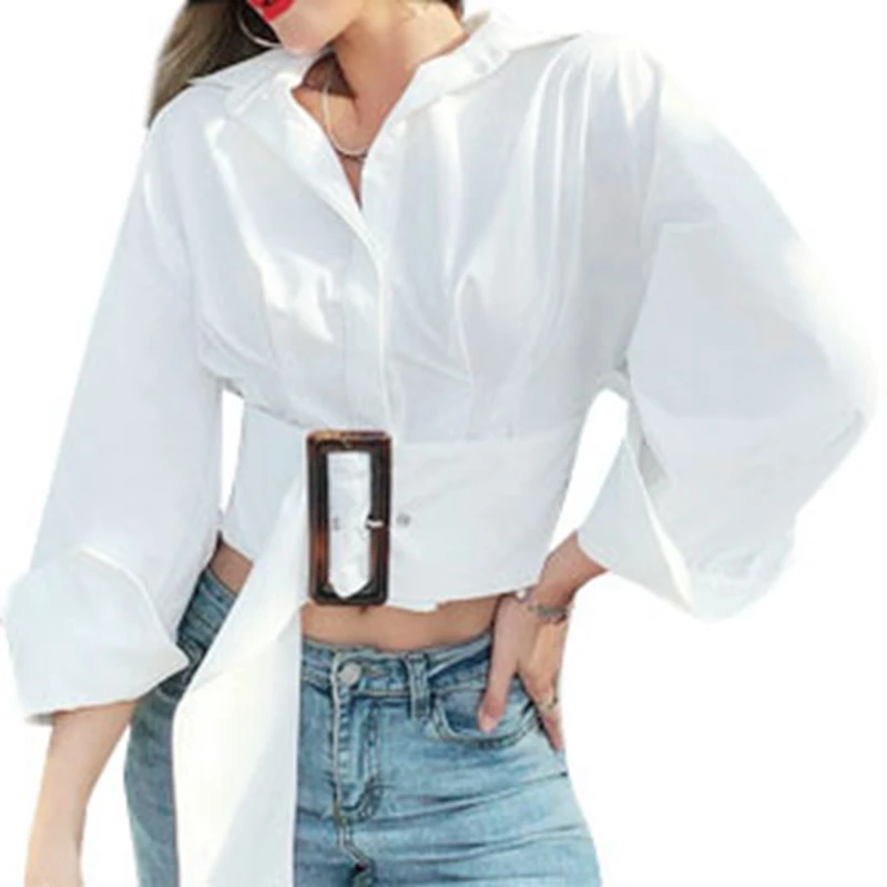 

Autumn and Winter British Slim Fit Shirt Sexy Long-Sleeve Belt Stitching Single-Breasted Shirt