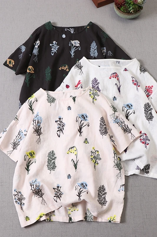 

New Summer Linen Top embroidered pullover shirt loose Mori short sleeve O neck tops Female