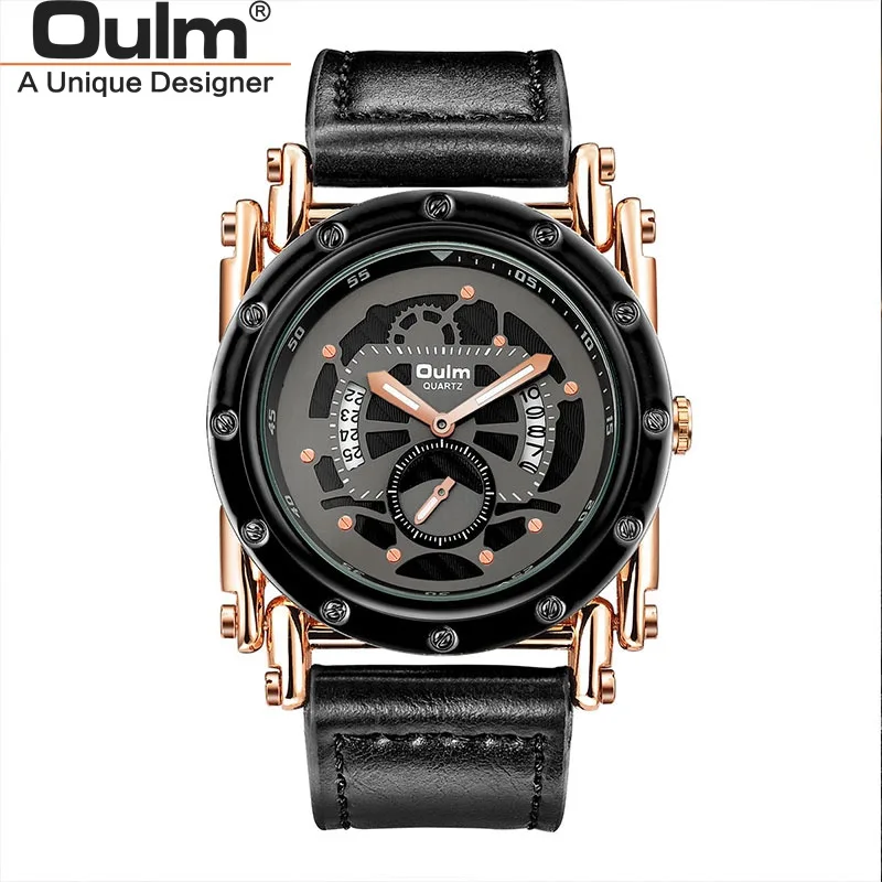 2020 Oulm Fashion Unique Men Watches Large Dial Sports Leather Band Date Quartz Male Clock relogio masculino | Наручные часы