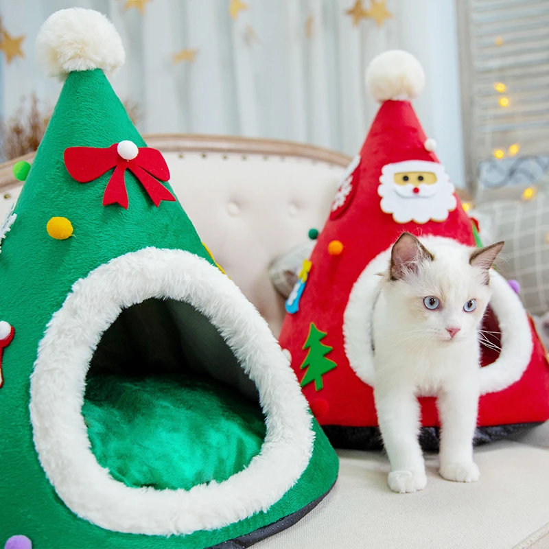 

Warm Pet Bed Christmas Hat Shape Cat Kennel House Soft Plush Nest Puppy Small Cat Sleeping Beds Tent Portable Pet Cushion Mat